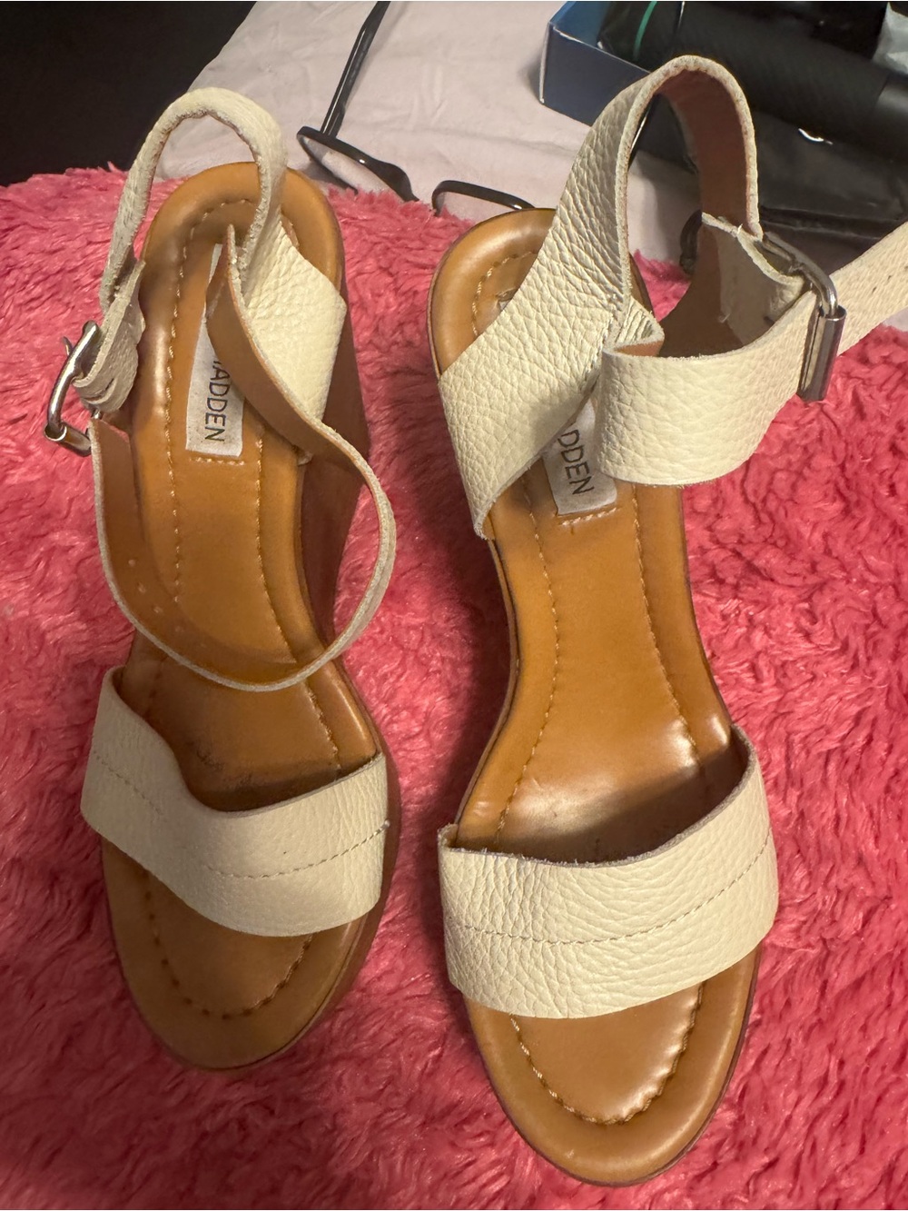 Steve Madden Cream Leather Cross-Strap Ankle Sandals